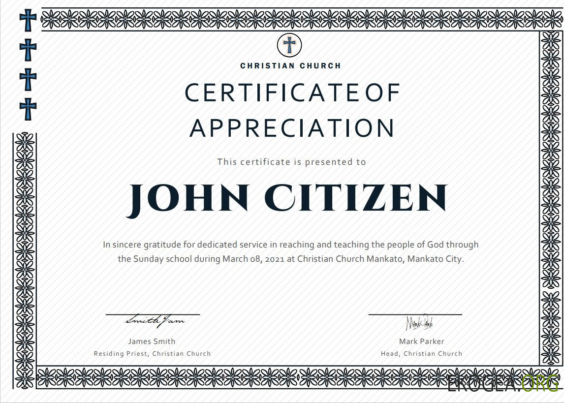 Certificat d'appréciation du pasteur américain